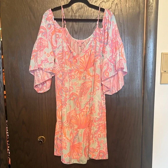 Lilly Pulitzer Pink and Orange Alanna Off Shoulder Dress XL - Picture 1 of 6